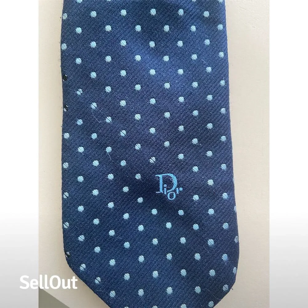 Vintage Christian Dior Men's Navy Blue Polka Dot Necktie